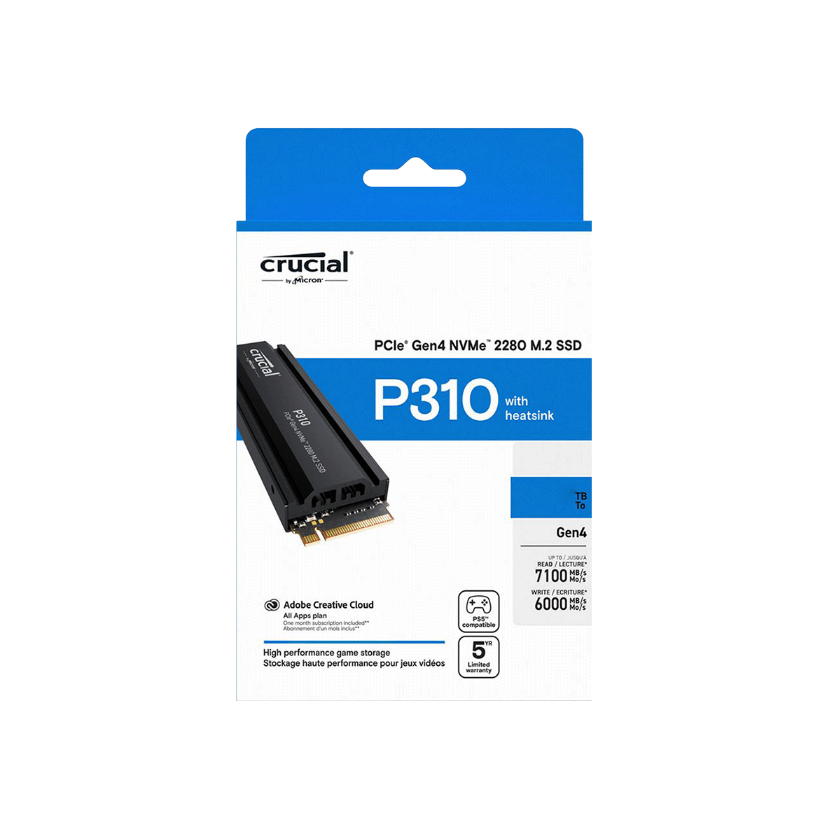 SSD Crucial P310 1TB 7100 MB/S, PCIe Gen4 NVMe 2280 con disipador